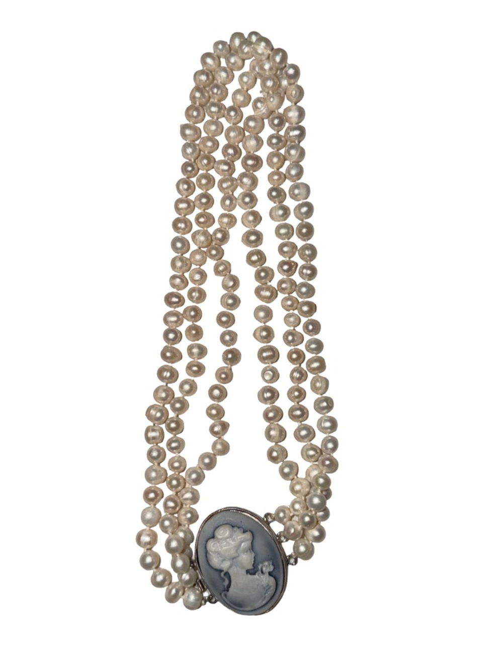 Cameo freshwater Pearl Triple-Strand Necklace  silver tone hand-knotted